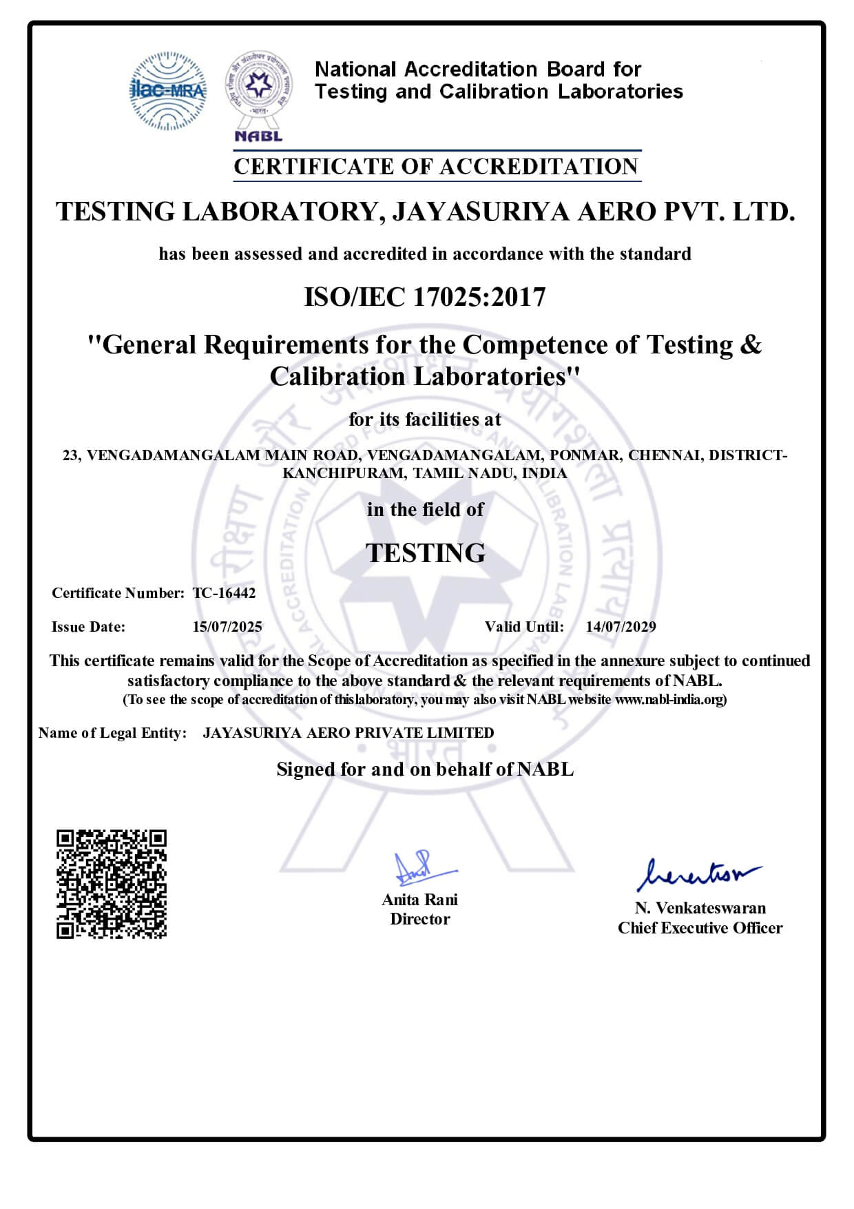Certificate TC-16442 (2025-2029)