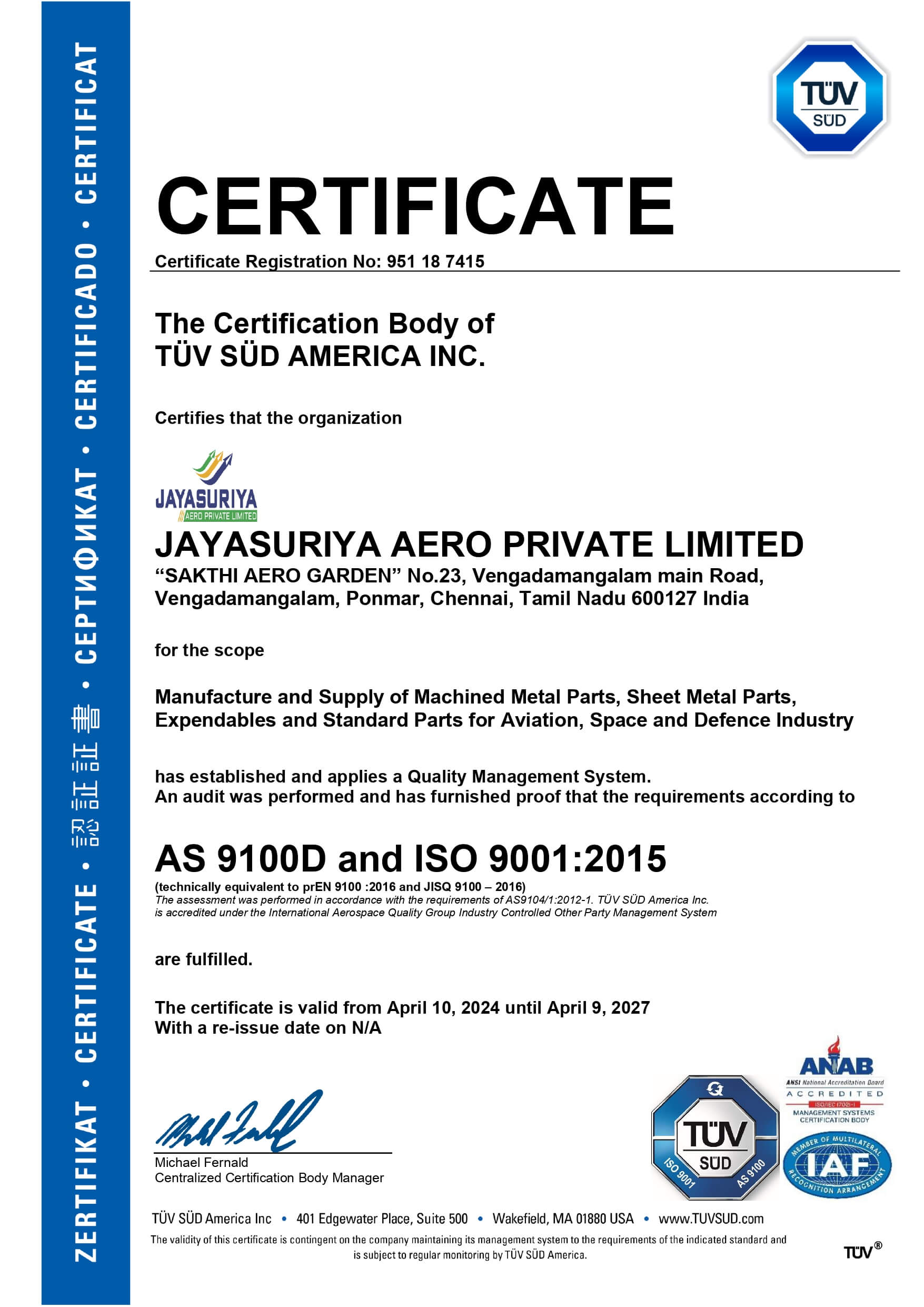 JAYASURIYA AERO - AS9100D and ISO 9001 2015